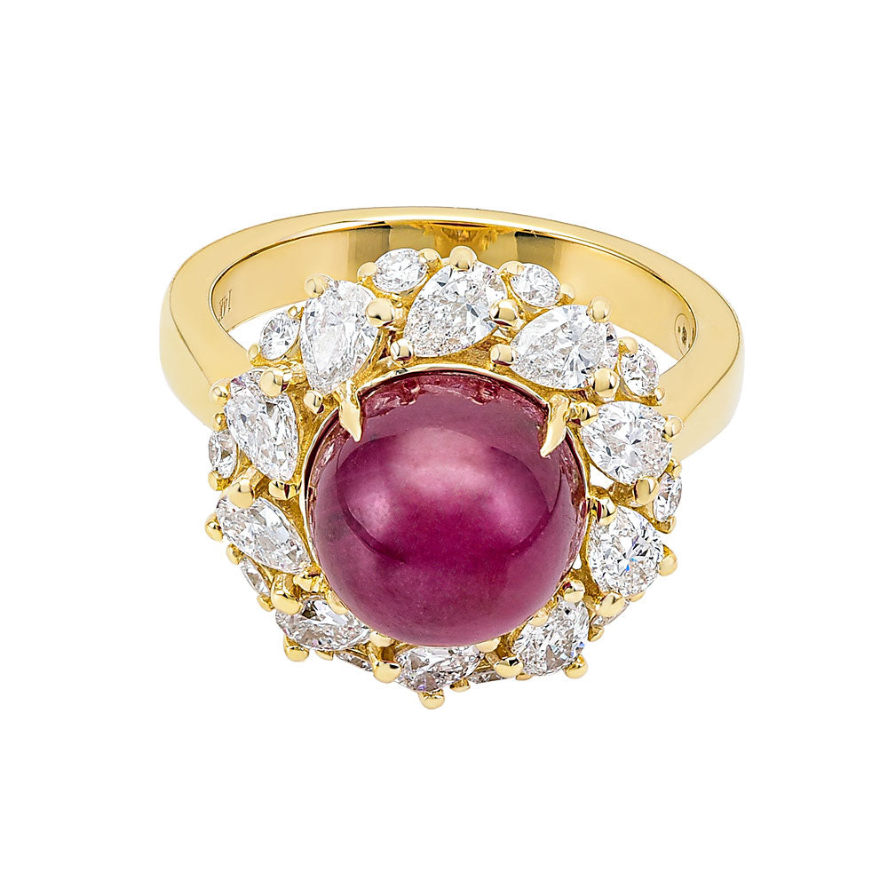 14K Yellow Gold,  Ruby w/ Pear Shape and Round Diamond Ring