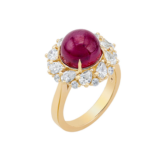14K Yellow Gold,  Ruby w/ Pear Shape and Round Diamond Ring
