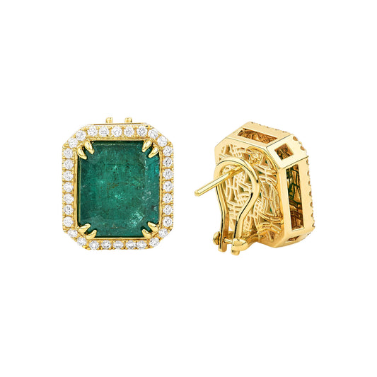 14K Yellow Gold Emerald Center With Diamond Halo And Gallery Back Earrings
