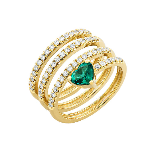 14K Yellow Gold, Heart Shaped Emerald Spiral Ring w/ Diamonds