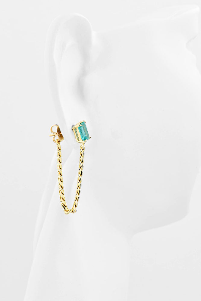 14K Yellow Gold, Emerald Cut Emerald w/Cuban Chain Earring