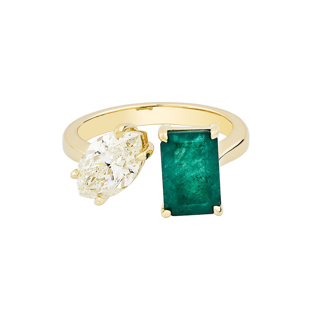 14K Yellow Gold, Marquis Shape Diamond And Emerald Cut Emerald Ring