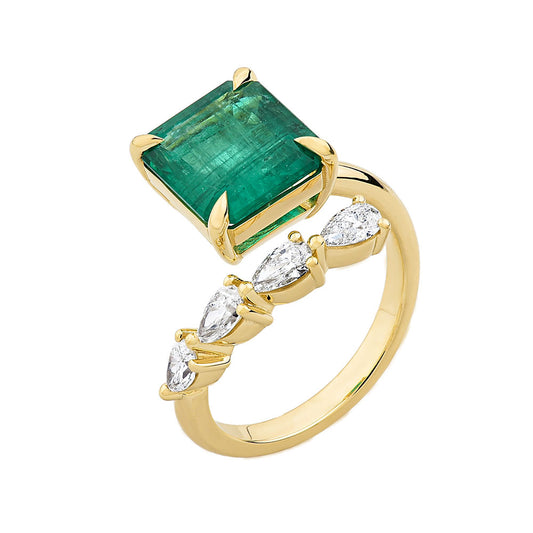14K Yellow Gold Princess Cut Emerald with Pear Shape Diamond Ring