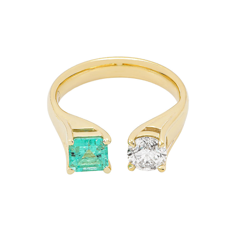 14K Yellow Gold, Diamond with Cushion Cut Emerald Ring