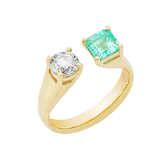 14K Yellow Gold, Diamond with Cushion Cut Emerald Ring