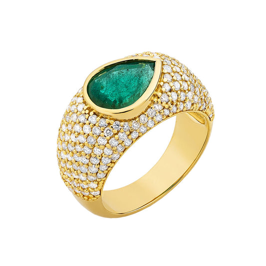 14K Yellow Gold Pear Shape Emerald Bomber Diamond Ring