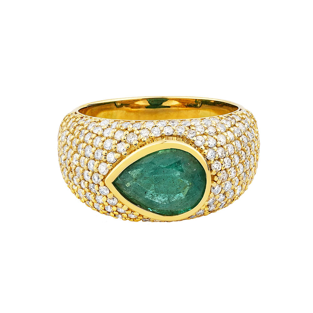 14K Yellow Gold Pear Shape Emerald Bomber Diamond Ring