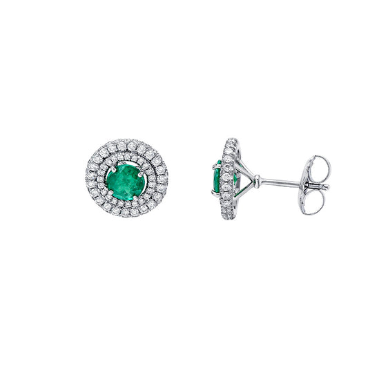 14K White Gold Round Emerald Center Earrings With Double Diamond Halo