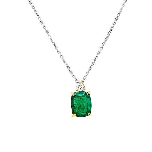 14K Yellow Gold, Cushion Cut Emerald w/ Diamond Setting Top