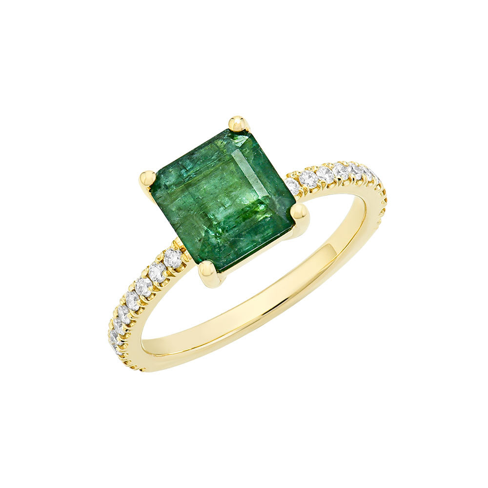 14K Yellow Gold, Princess Cut Emerald Diamond Ring