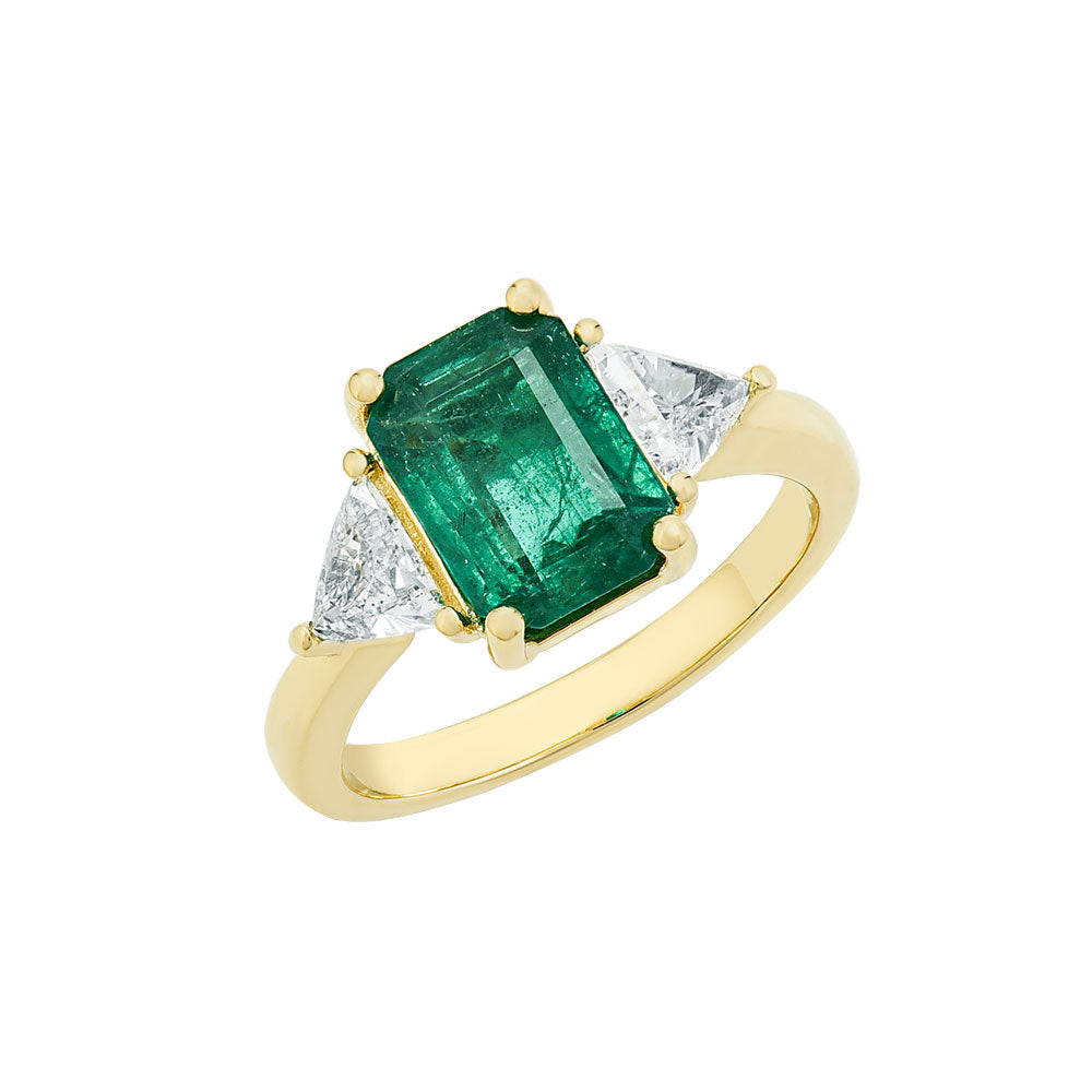 14K Yellow Gold, Emerald Cut Emerald w/ Trillion Diamond Sides Ring