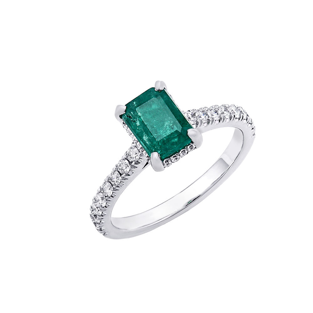 18K White Gold, Emerald Cut Emerald w/Diamond Ring