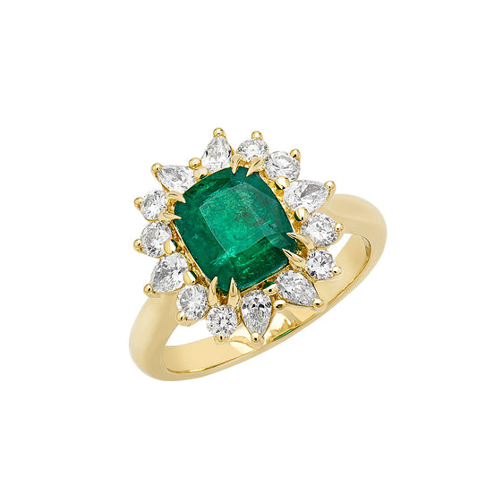 14K Yellow Gold, Cushion Cut Emerald with Pear Shape and Round Diamond Ring