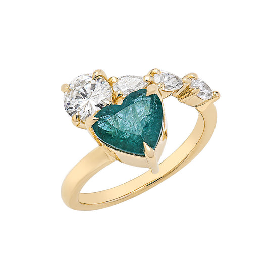 14K Yellow Gold,Heart Shape Emerald w/ Round Diamond and Pear Shape Diamonds
