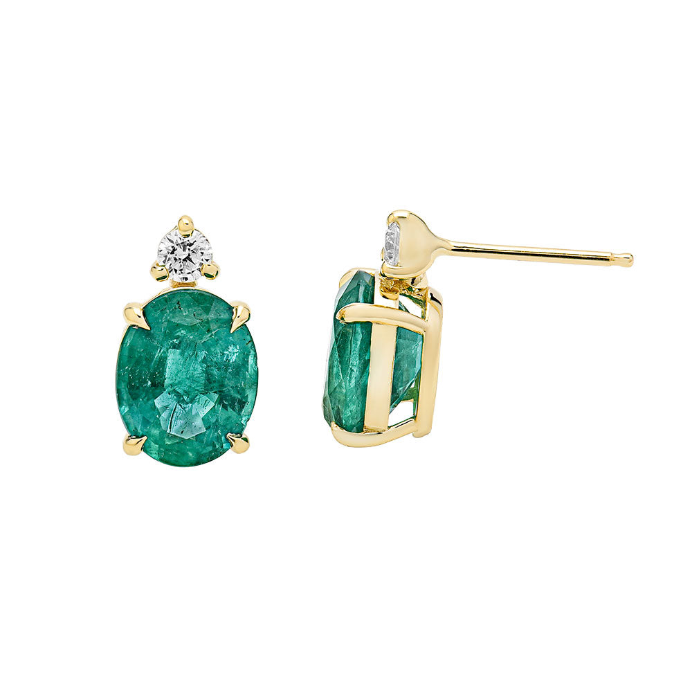 14K Yellow Gold, Oval Cut Emerald with Top Diamond Earrings