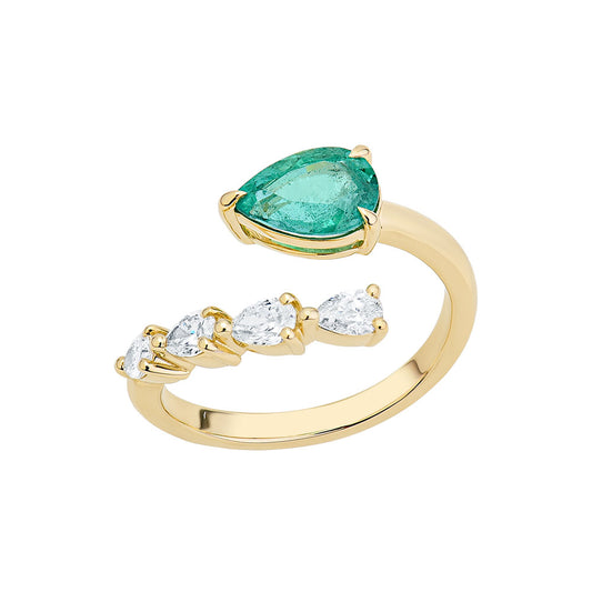 14K Yellow Gold, Pear Shape Emerald w/Pear Shape Diamond Ring
