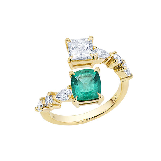 14K Yellow Gold, Princess Cut Diamond, Cushion Cut Emerald w/Pear Shape and Round Diamond Ring