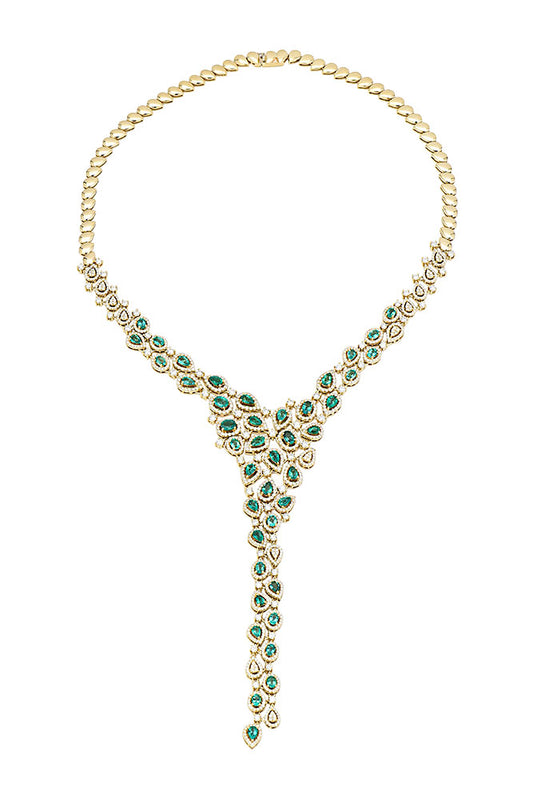 18K Yellow Gold , Emerald and Diamond Cocktail Necklace
