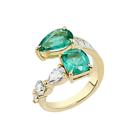 14K Yellow Gold, Pear Shape Emerald and Cushion Cut Emerald w/ Round and Pear Shape Diamonds and Baguette Ring