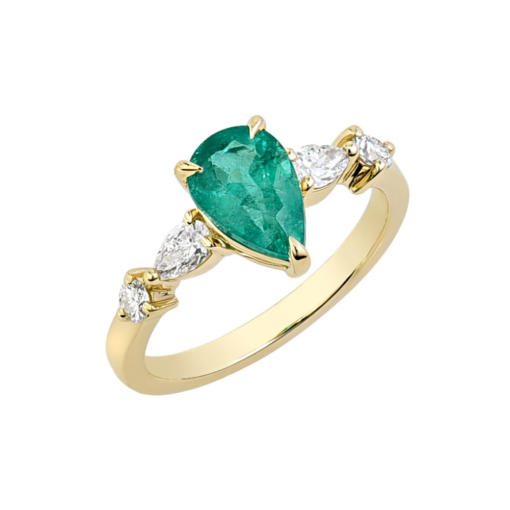 14K Yellow Gold, Pear Shape Emerald w/ Round and Pear Shape Diamond Ring