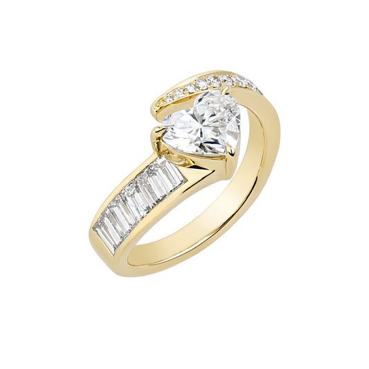 14K Yellow Gold Heart Shape Diamond w/ Baguette and Round Diamond Ring