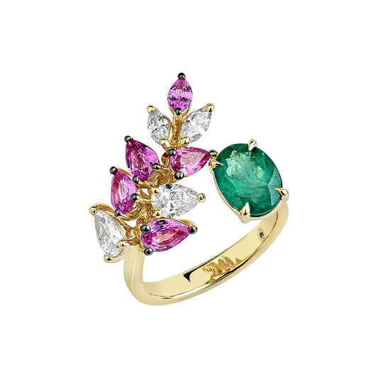 14K Yellow Gold Oval Cut Emerald, w/ Pear Shape Pink Sapphires and Diamond Ring