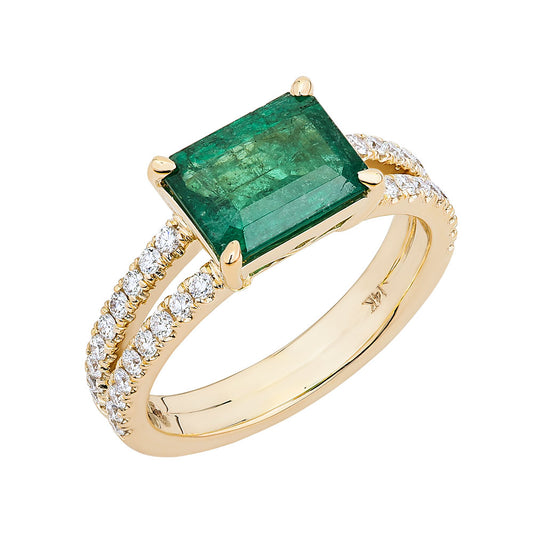 14K Yellow Gold, Emerald Cut Emerald w/ Split Shank Diamond Ring