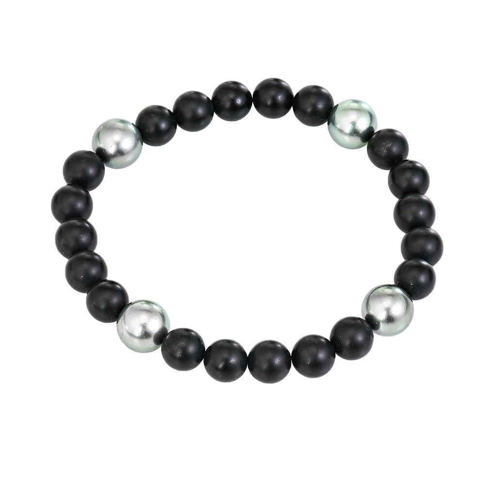 Black Beaded Bracelet With Gray Pearl Accent