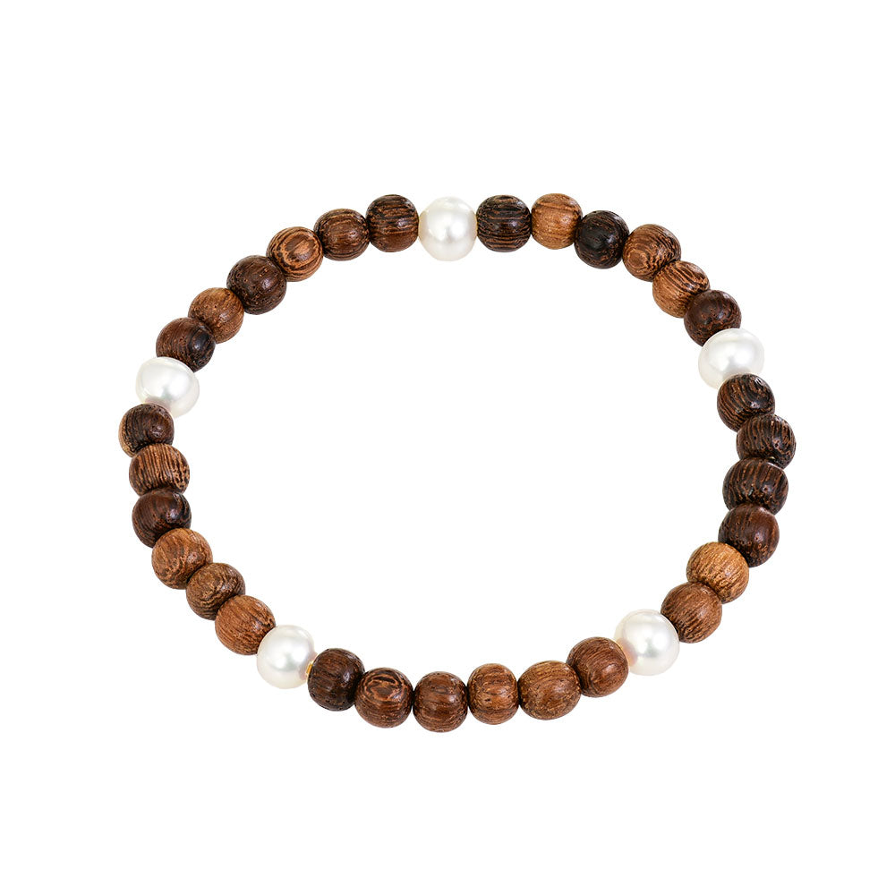 Wooden Bead Bracelet With White Pearl Accent