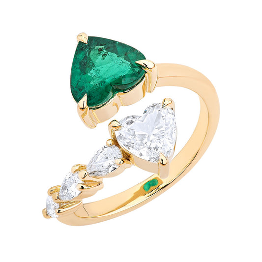 14K Yellow Gold,Heart Shape Emerald , Heart Shape Diamonds w/Pear Shape Diamond Bypass Ring