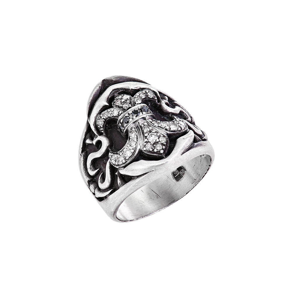 Fleur De Lis Diamond Ring In Oxidized Silver Ring
