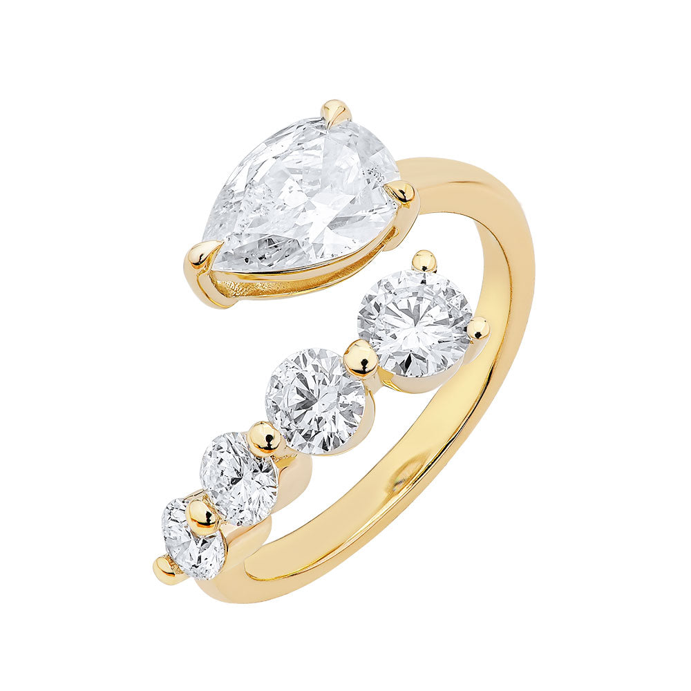 14K Yellow Gold, Pear Shape Diamond w/ Round Diamond Ring