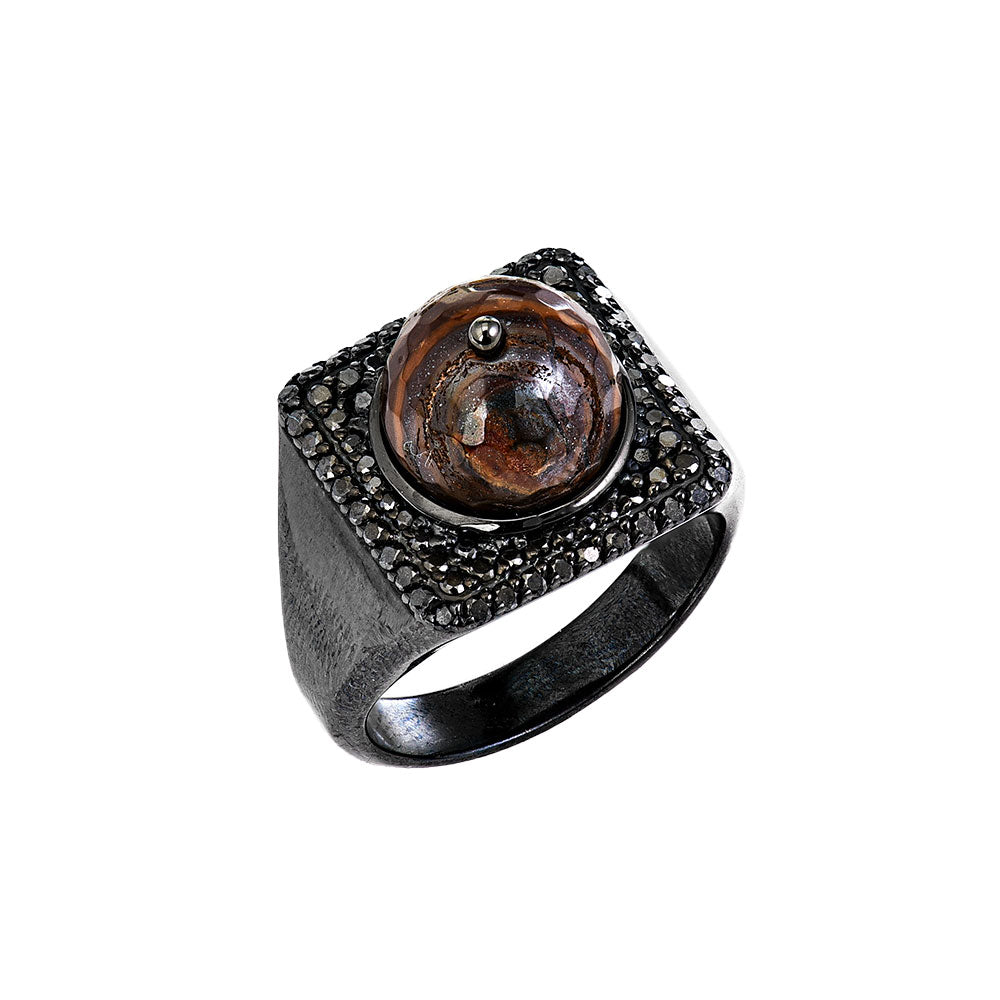 Tigereye Center Silver Ring With Black Diamonds