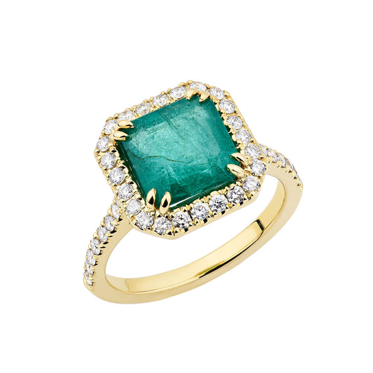 14K Yellow Gold Princess Cut Emerald Center Diamond Halo Ring