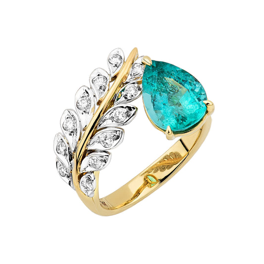 14K Two Tone Gold Pear Shape Emerald Center and Olive Diamond Ring