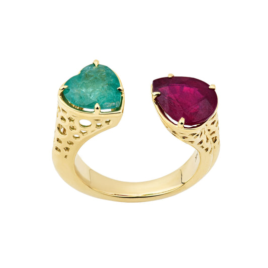 14K Yellow Gold Emerald and Ruby Stone Honeycomb Ring