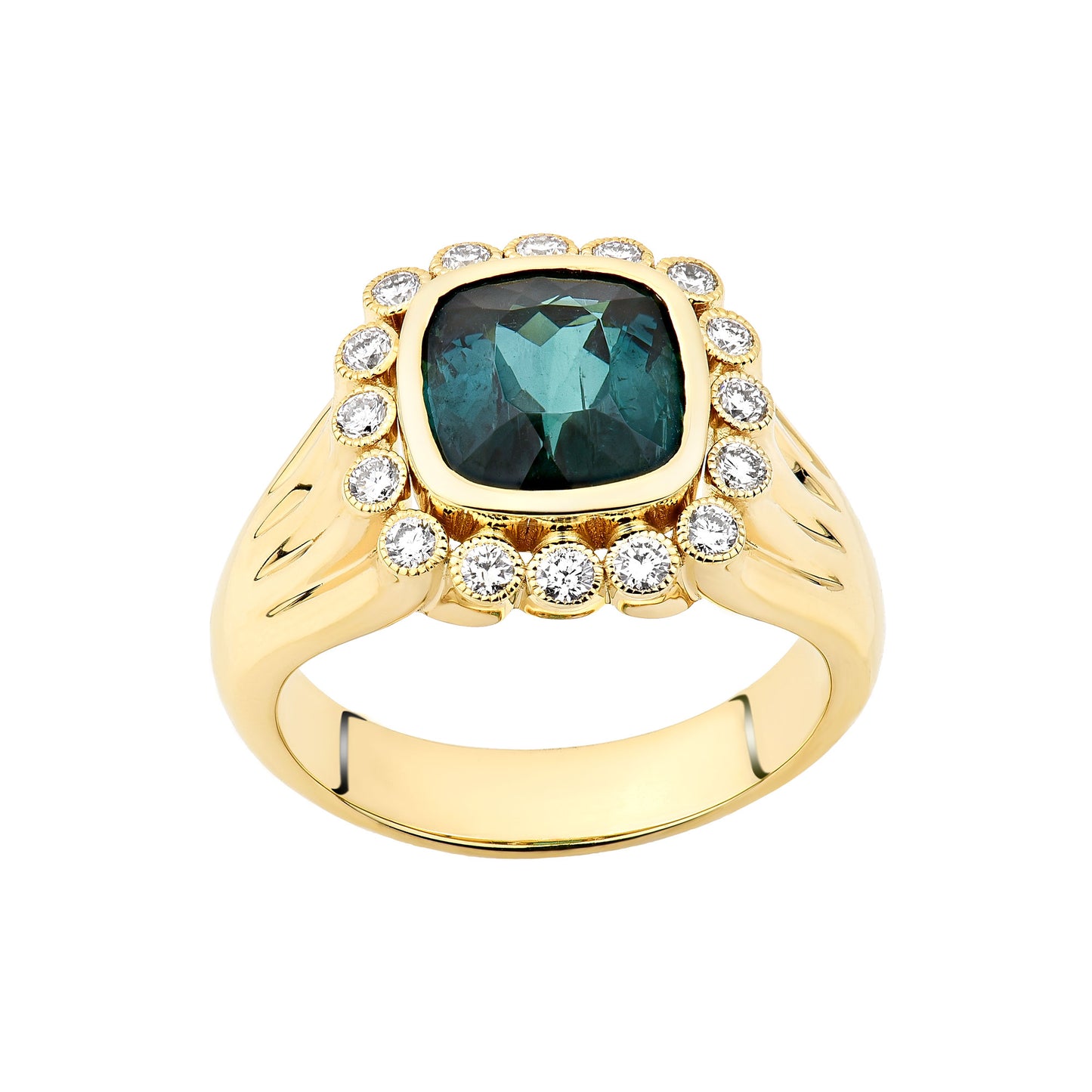 14K Yellow Gold Blue Topaz Cushion Cut Signet Ring With Diamond Accents