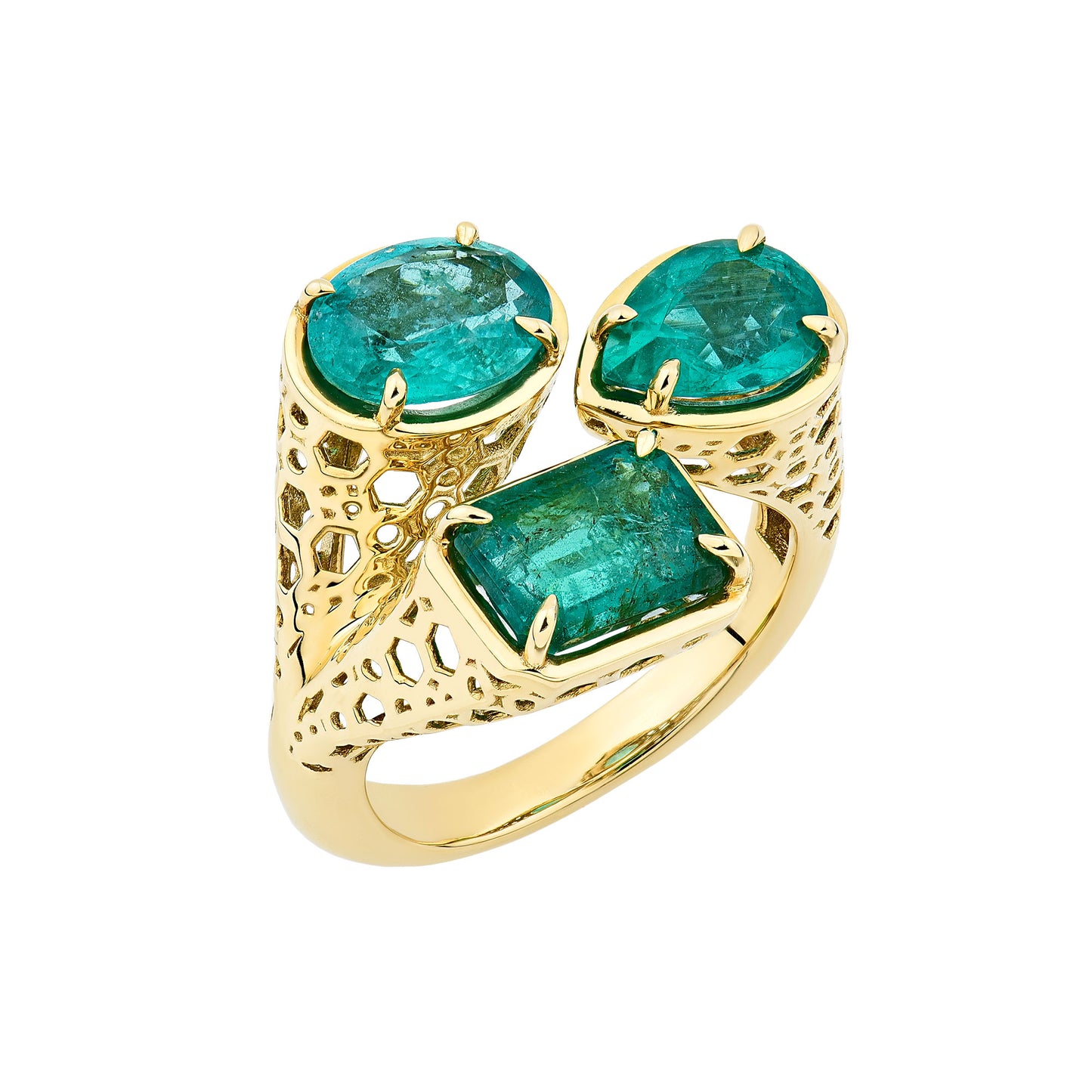14K Yellow Gold Tricut Emerald Honeycomb Ring