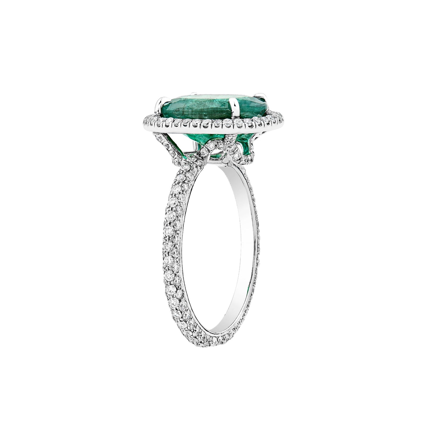 14K White Gold Oval Cut Emerald Center With Diamond Halo