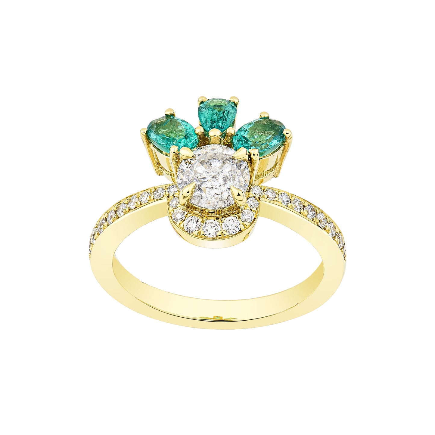 14K Yellow Gold Lotus Emerald and Diamond Ring