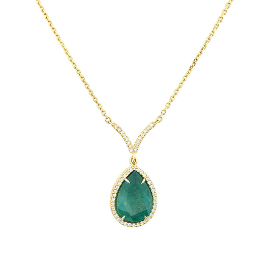 18K Yellow Gold Pear Shape Emerald Center With Diamond Halo Necklace