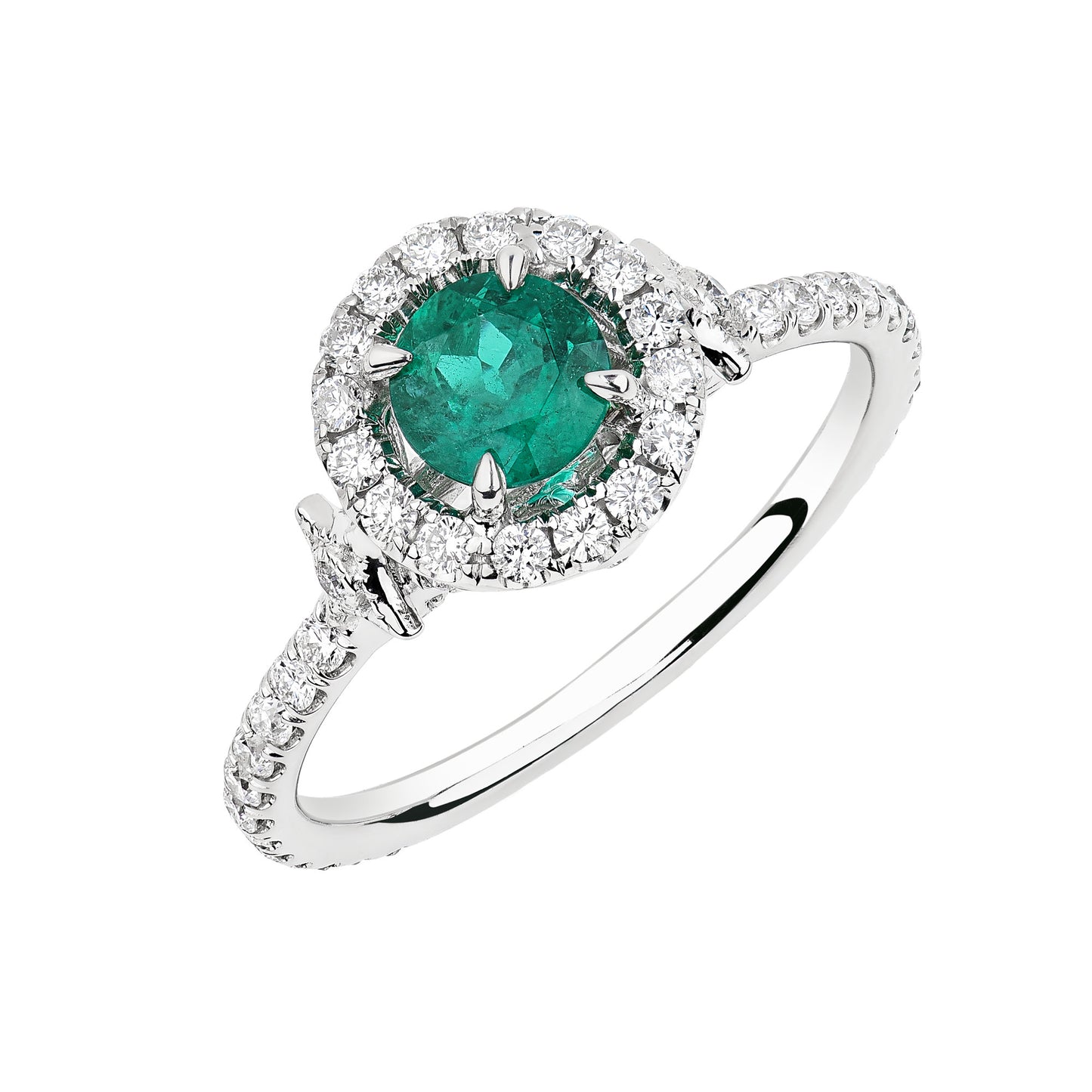 14K White Gold Round Emerald And Diamond Halo Ring