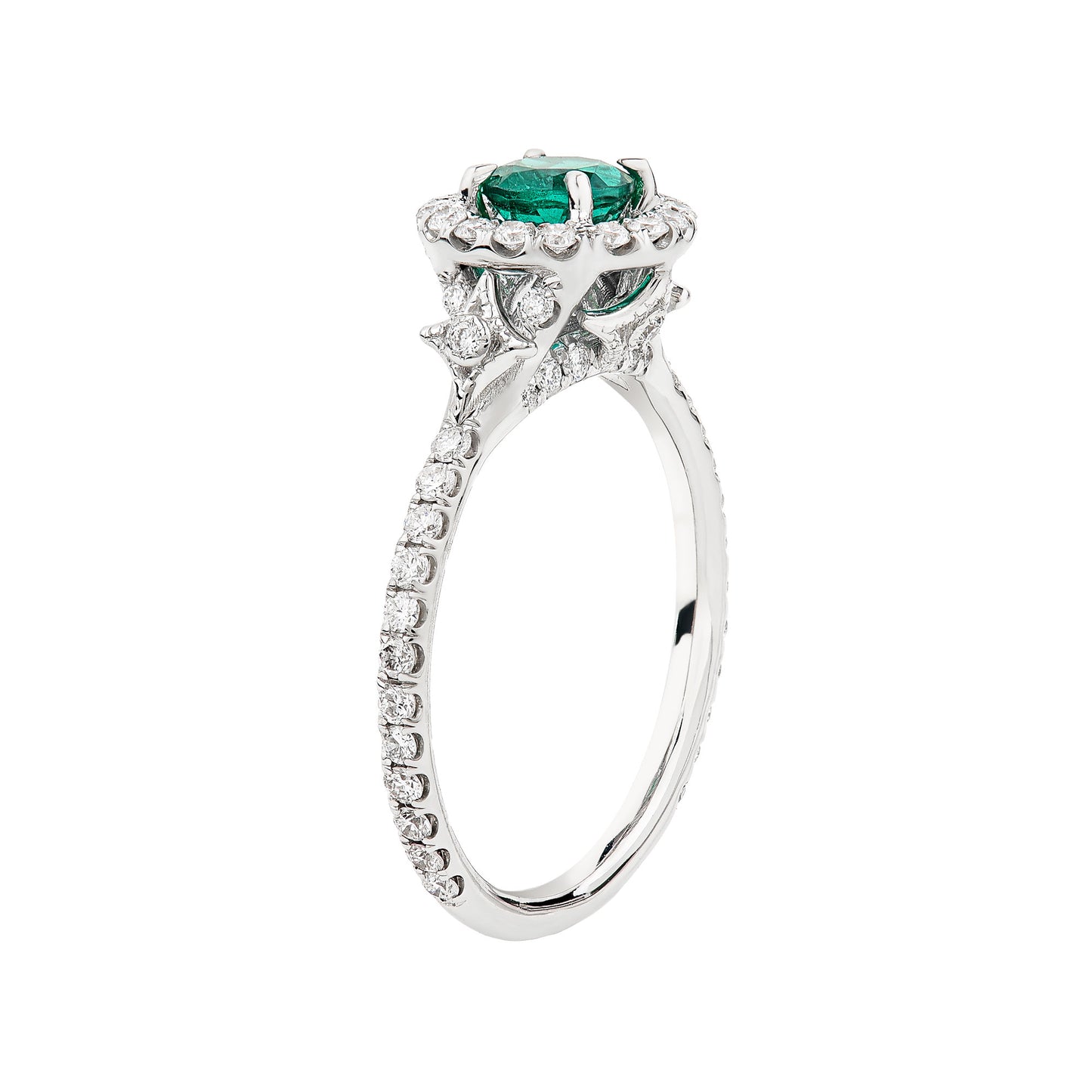 14K White Gold Round Emerald And Diamond Halo Ring
