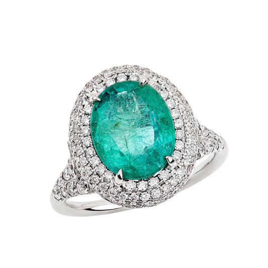 14K White Gold Oval Emerald And Double Halo Diamond Ring