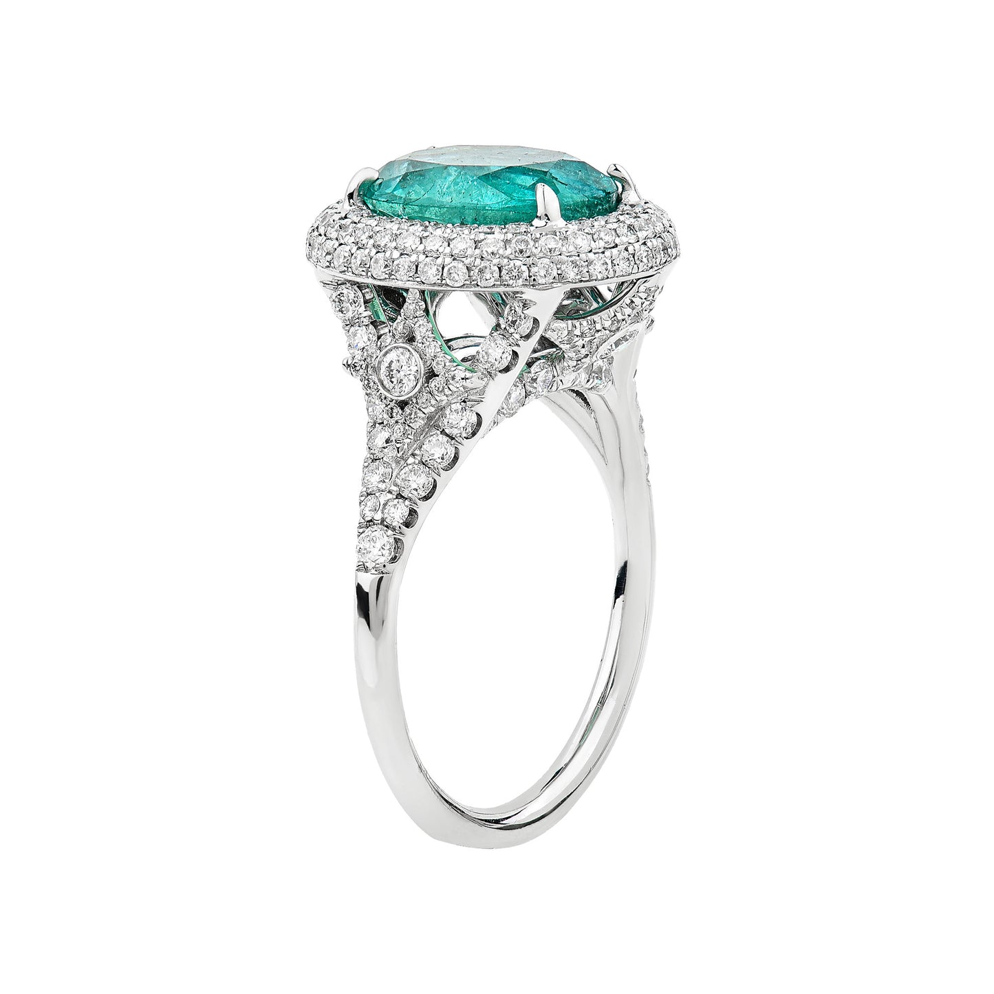 14K White Gold Oval Emerald And Double Halo Diamond Ring