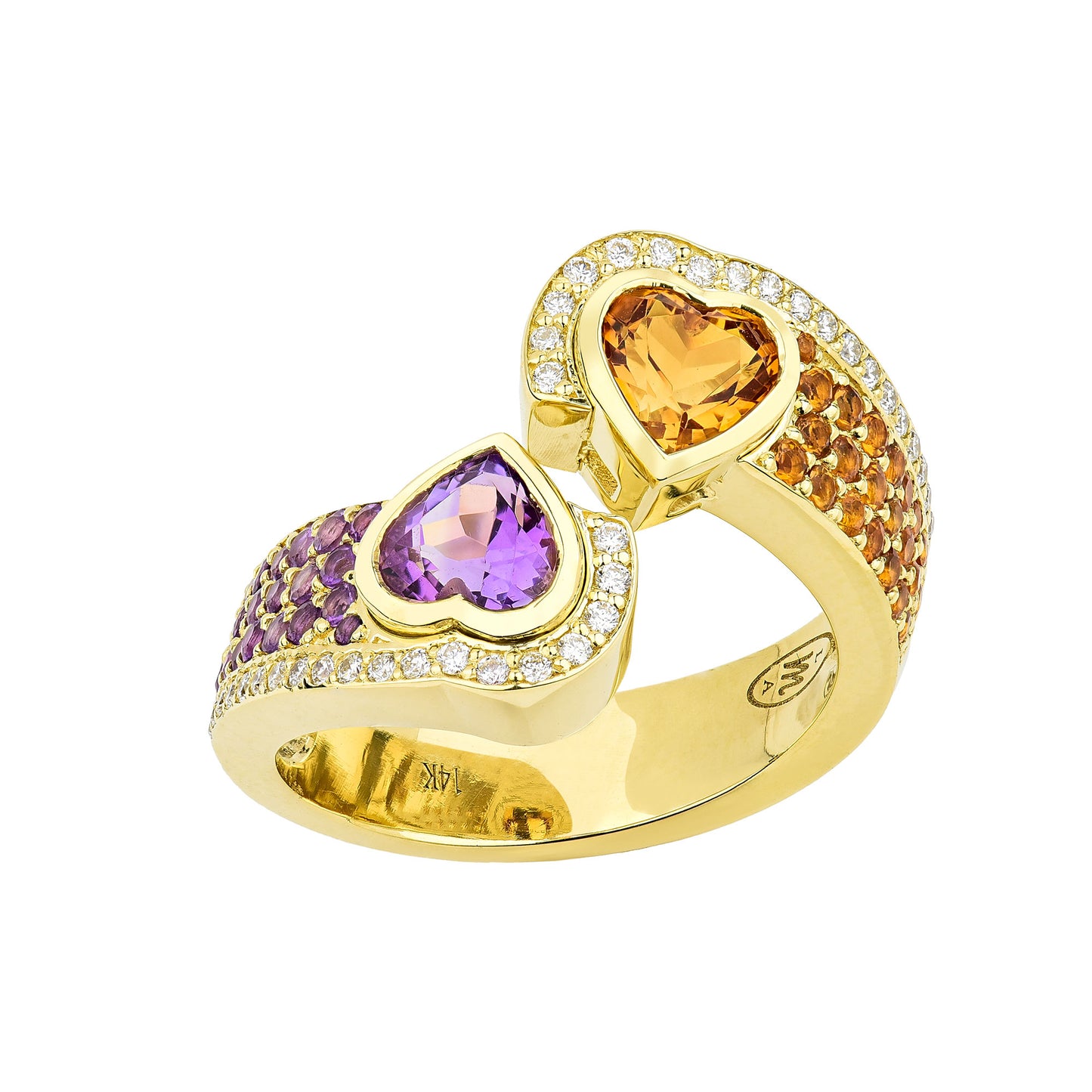 14K Yellow Gold Double Heart Amethyst and Citrine Bypass Ring with Diamonds