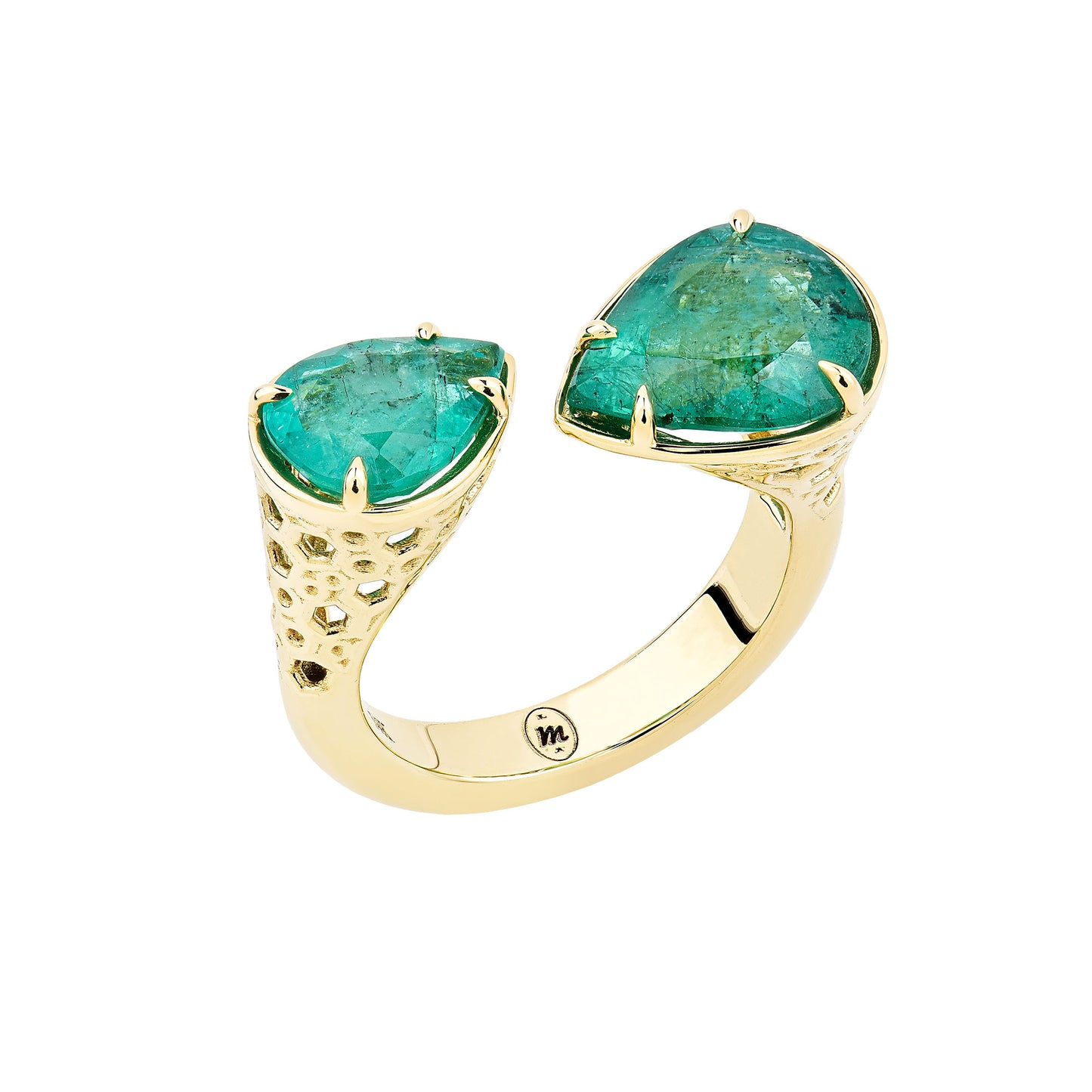 14K Yellow Gold Double Pear Shape Emerald Honeycomb Bypass Ring