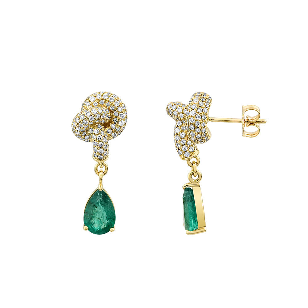 14K Yellow Gold, Knot Diamond Top w/ Pear Shape Emerald Earrings