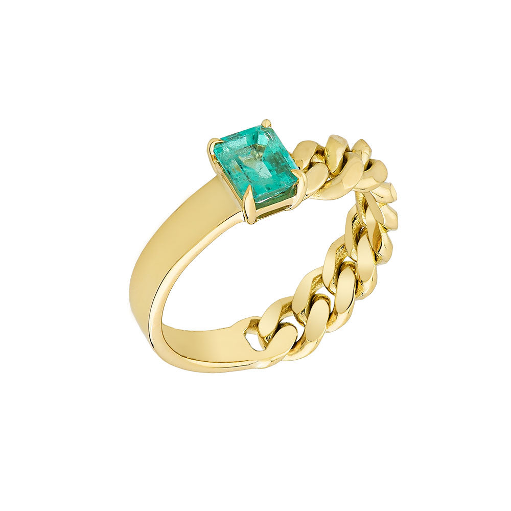 14K Yellow Gold, Emerald Cut Emerald Semi Braided Ring