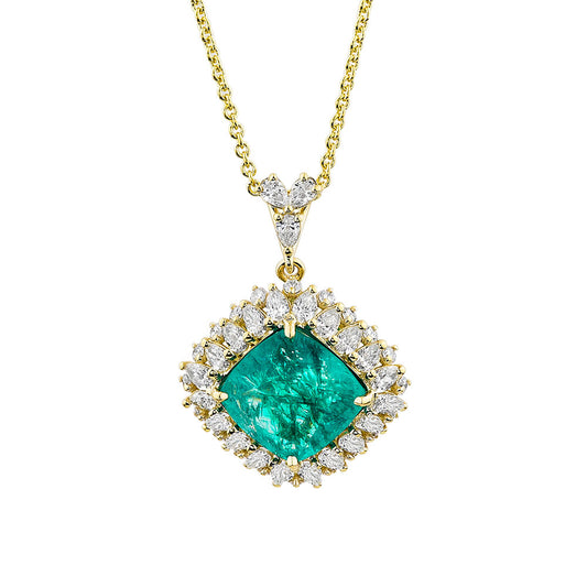 14K Yellow Gold, Princess Emerald w/ Pear and Round Shape Diamond Necklace